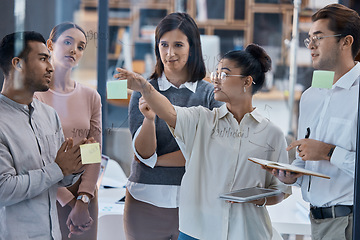 Image showing Business people planning, strategy and project management training in teamwork collaboration and innovation meeting. Corporate manager, leader, group of employee or team working on idea with post it