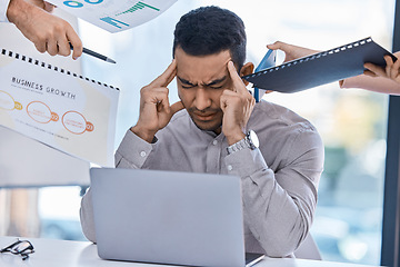 Image showing Stress, headache or burnout manager from employee paper, phone or laptop review schedule. Tired marketing guy with anxiety, frustrated mental health overworked with office worker deadline pressure