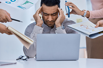 Image showing Stress, overworked and pressure for a business man with financial debt, bankruptcy or tax issues in an office. Burnout, mental health or male Latino entrepreneur with headache and feeling frustrated