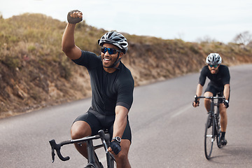 Image showing Winner, celebrating and winning cyclist cycling with his friend and racing outdoors in nature. Victory, joy and happy bicycle rider exercising on a bike for his workout routine on the road