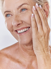 Image showing Skincare, wellness and beauty face of happy mature woman grooming, apply facial or hygiene treatment. Senior female enjoying anti aging cosmetics on wrinkles, self care and routine cleaning at home