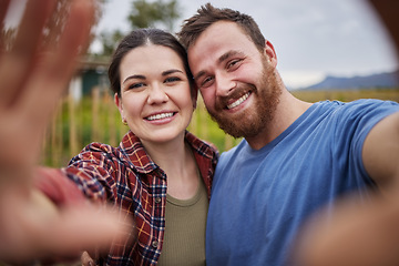 Image showing Happy farmer selfie, couple or sustainability agriculture people with growth mindset, agriculture innovation or environment innovation. Man, woman or nature worker in countryside field smile portrait