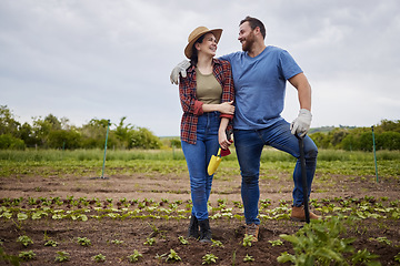 Image showing Startup, success and agriculture, couple work farm together. Sustainability, teamwork and small business of sustainable food production. Happy farmer, man and woman work in growth, love and farming.