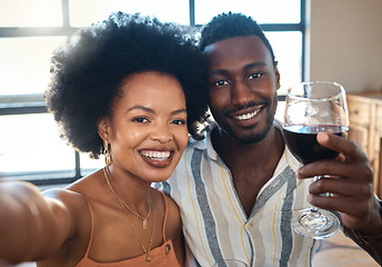 Image showing Couple selfie for social media to celebrate with wine glass, champagne and alcohol drinks for happy relationship on date together in a cafe restaurant. Portrait of love, relax and smile black people