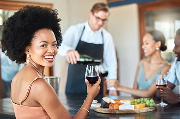 Image showing Smile, luxury and wine tasting with woman and fine dining on countryside vineyard or restaurant hotel vacation with friends. Relax, holiday and enjoy with group of people on winery farm