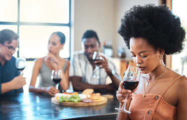 Image showing Wine tasting, friends and luxury in a restaurant with healthy organic fruit with cheese on a food table. Alcohol, diversity and young happy people in discussion at a relaxed dining or party event