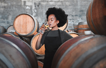 Image showing Black winemaker smelling white wine in vineyard cellar, expert analysis by professional, proud female sommelier. Small business owner checking the smell, color and blend of alcohol, enjoying career