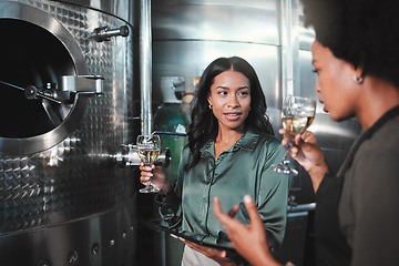 Image showing Woman winemaker discuss, planning and tasting wine in a distillery to expand the business. Alcohol management, professional or expert drinking a glass while collaborating for a startup winery cellar