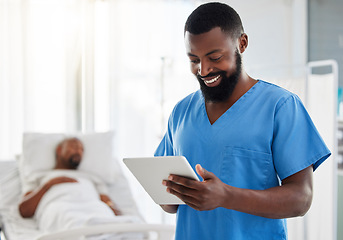 Image showing Smiling surgeon reading email about patient health and insurance plan in a hospital. Discovery, innovation and medical breakthrough with happy black doctor reading digital tablet, getting good news.