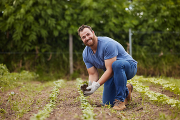 Image showing Farmer planting plants or vegetable crops on an organic and sustainable farm and is happy for his seedlings. Excited, joyful and carefree male nature activist who is passionate about sustainability