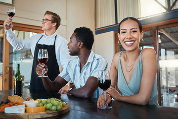 Image showing Couple and chef with glass of red wine alcohol and happy drinking portrait at a luxury restaurant. Sommelier with best, fine or quality wine tasting drink for food, culinary or hospitality industry