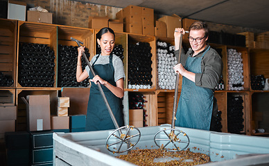 Image showing Winemakers mixing and shaking grapes during the wine making process inside of a distillery. Cellar owners use a steel tool to press the juice out of fruit before fermentation to make alcohol