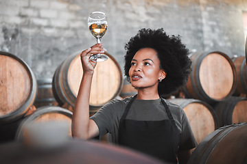 Image showing Black woman tasting wine at a winery, looking and checking the color and quality of the years produce. Young African American sommelier proud of the new addition, analyzing white wine in a cellar