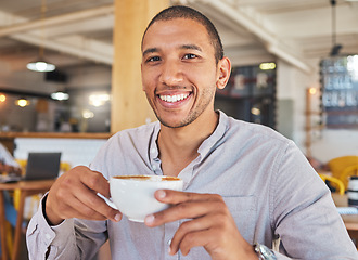 Image showing Coffee shop, break and relaxed man or customer enjoying and drinking delicious fresh espresso, caffeine or cappuccino at cafe or restaurant. Guy with happy face and cup drinking coffee in the morning