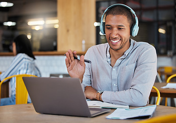 Image showing Man waving hands to greet hello on video call, online chat and virtual meeting with laptop webcam in a cafe. Happy freelance journalist and remote worker in conversation and internet communication