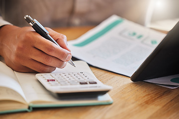 Image showing Accountant or financial advisor calculating the tax, expenses or budget for a business in an office. Closeup of male investment consultant hands working and writing company finance statement