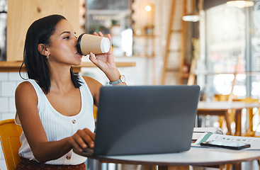 Image showing Entrepreneur drinking tea while working on laptop at cafe, woman reading emails online and person enjoying a remote work space at a restaurant. Thinking female browsing the internet at coffee shop