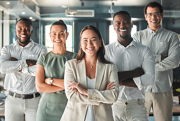 Image showing Portrait of team, posing in the office in a business meeting and smiling. Professional ceo, management and employees showing good teamwork with diverse, young and multiracial workers.