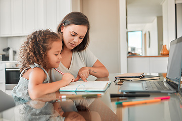 Image showing Mother, child and learning of parent helping her daughter with homework in the kitchen for education at home. Mom teaching her girl school work, project or task in her book together at the house.