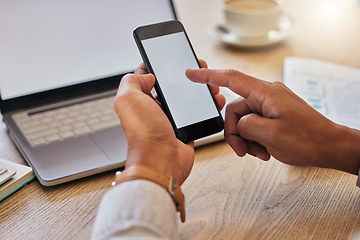 Image showing Closeup of people working on phone and laptop with blank screen and copy space in an office. Couple browsing on social media or internet in coffee shop. People typing corporate email on technology.