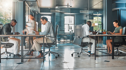 Image showing Coworking space, office and sharing desk in corporate workplace. Diversity, efficiency and modern working environment for inclusive company. Start up and motion blur of fast and busy employees