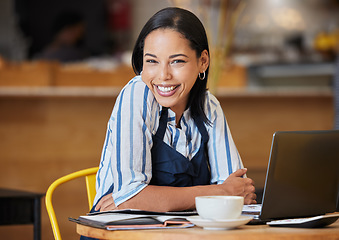 Image showing Cafe and coffee shop owner planning menu, budget and funds for success of restaurant or startup business. Happy and successful female small business owner working with store profits and finances