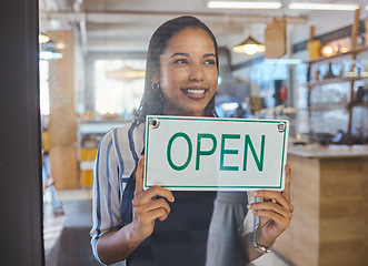 Image showing Small business entrepreneur with open sign, welcome people to cafe or coffee shop. Startup catering and hospitality service store owner or server advertising restaurant in window or glass door.