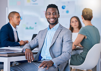 Image showing Leadership, innovation and vision of a smiling business man leading a meeting in a modern office. Leader, professional and empowered man discussing innovative strategies, marketing and planning.