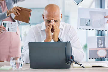 Image showing Stress, deadline and mental burnout with anxious, worried and frustrated business man in office. Overworked, annoyed and tired worker with headache, pressure and trouble for demands in busy workplace