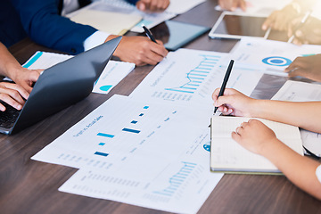 Image showing Planning target, marketing goal and business meeting with people looking at budget report, charts and graphs on laptop in a boardroom meeting. Corporate company workers in sales and budget discussion