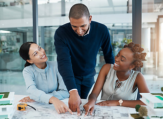 Image showing Blueprints, building engineers and architects pointing, showing and smiling in meeting to plan renovation or remodel. Diverse group of designers agreeing and choosing structure design or vision ideas