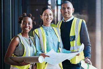 Image showing Architecture business teamwork in office construction. Engineering industrial building development, town planning, blueprints of warehouse infrastructure, interior or exterior design strategy.