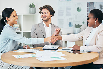 Image showing Happy business people do handshake in agreement, congratulate and teamwork in office meeting after successful partnership deal with colleague clapping. Happy, about the promotion for startup company