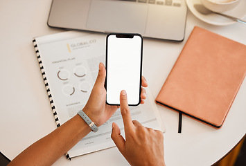 Image showing Business phone blank screen display in businessperson hands showing marketing, advertising or copy space from above. Finger typing, using wireless tech for online app, website or new modern software.