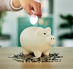 Image showing . Investment, savings and growth hand with silver coin in a piggy bank investing in future wealth or financial development. Finance person invest or saving change, money or cash in overflowing jar.