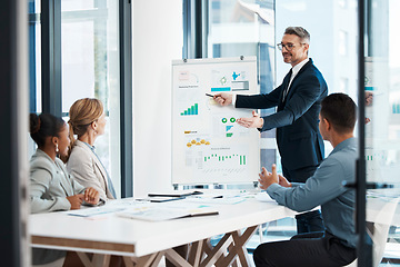 Image showing Business presentation, strategy and meeting of a corporate man showing finance data to team. Accounting management office group collaboration while working and planning a financial marketing project