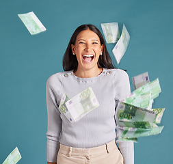 Image showing Money, cash and bonus success of a woman with wealth, business growth and financial increase looking happy and excited. Portrait of a businesswoman winning or spending her savings, profit or interest