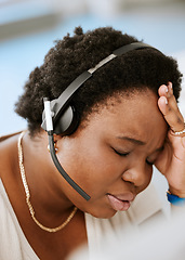 Image showing Burnout, headache and stressed female call center agent working with problem, bad mental health or stressful job. Sales representative or advisor feeling overworked, tired and exhausted