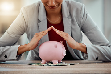 Image showing Investment growth, money saving and financial career planning with a piggybank on cash. Corporate business woman worker make a finance budget to buy a family home, apartment or real estate property