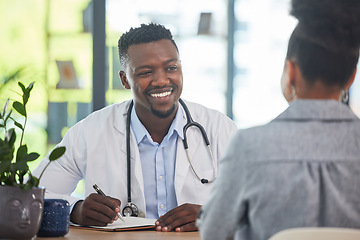 Image showing Doctor talking to patient in medical consultation, checkup and visit in a clinic, hospital and healthcare center. Professional, gp and frontline worker listening and writing prescription medication