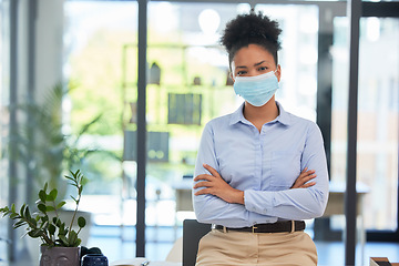 Image showing Covid mask policy and safety in the office workplace with businesswoman covering her face during quarantine, lockdown or flu season. Respectful and leadership professional female in a work portrait