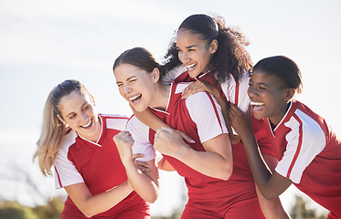 Image showing Soccer, football or team sports for cheering, celebrating or winning team after scoring goal in match, game or championship. Diverse group of fit, active and athletic girls, women or excited friends