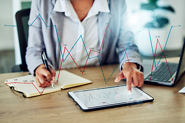 Image showing Graphs, data and information on a digital tablet with a business analyst, stock trader and financial officer planning reports online in an office. Woman doing marketing, finance and economy research