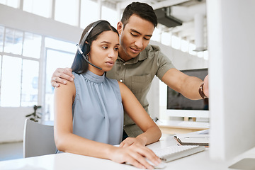 Image showing Office sexual harassment, abuse and inappropriate behavior from manager, boss and leader touching a call centre agent. Customer service operator feeling uncomfortable by male colleague touching her