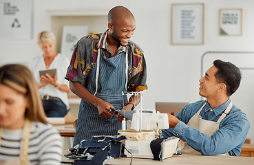 Image showing Fashion designers, colleagues and men sewing clothes in a workshop. Happy, diverse and smiling young creatives planning garment designs in a textile, clothing and manufacturing studio or factory