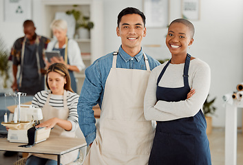 Image showing Proud fashion designers, colleagues and creatives smiling while making trendy clothes for fashion in a studio. Portrait of happy team managers in textile, manufacturing workshop and design factory