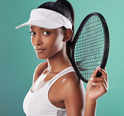 Image showing Determined, motivated woman tennis player, athlete and sports person. Portrait of a competitive, healthy and serious girl with female empowerment and motivation ready for fitness training