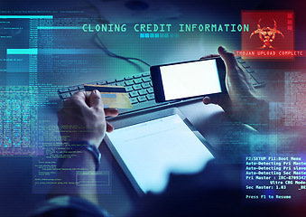 Image showing Cyber security, hacking and credit card fraud with cgi, special effects and digital overlay of the hands of a man cloning a bank account and stealing money, finance or information from an online fund