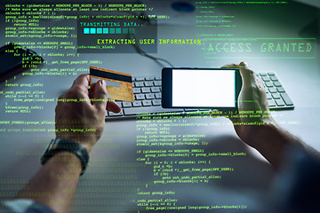 Image showing Hacker hacking, committing fraud or financial theft with bank credit card information technology and a phone app or software with CGI graphic data. Cyberpunk stealing online, phishing with malware