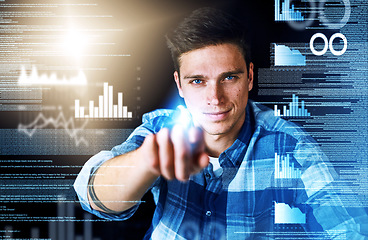 Image showing Programmer or engineer working with CGI graphic of data, graphs and charts. Portrait face of an information technology software designer showing business marketing growth, development and innovation